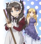  2girls angry black_hair blonde_hair crying crying_with_anger crying_with_eyes_open dress drill_hair fate/hollow_ataraxia fate/kaleid_liner_prisma_illya fate/stay_night fate/stay_night_unlimited_blade_works fate_(series) hair_ribbon long_hair luviagelita_edelfelt maid maid_apron maid_headdress multiple_girls ribbon tears tohsaka_rin twintails 