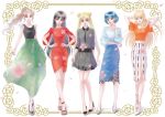  5girls aino_minako bangs bishoujo_senshi_sailor_moon black_dress black_footwear black_hair black_shirt blonde_hair blue_shirt blue_skirt border bow brown_hair closed_mouth collared_dress contrapposto double_bun dress earrings finger_to_mouth flower full_body gown green_skirt grin hair_bow hands_on_hips high_heels hino_rei hoop_earrings jewelry karafuru_tako kino_makoto lineup lipstick long_hair long_skirt long_sleeves looking_at_viewer makeup midriff mizuno_ami multiple_girls orange_bow orange_footwear orange_shirt parted_bangs parted_lips pleated_dress ponytail red_dress red_earrings red_lipstick sandals shirt shoes short_dress short_hair short_sleeves side_slit skirt smile standing tsukino_usagi twintails very_long_hair white_footwear wind yellow_eyes 