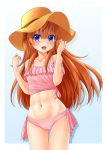  1girl :d abs bangs bare_shoulders blue_background blue_eyes blush brown_hat collarbone commentary_request cowboy_shot earrings eyebrows_visible_through_hair floating_hair frills gradient gradient_background groin hair_between_eyes hands_up hat heart heart_earrings highres houjou_hibiki jewelry kanichiri long_hair looking_at_viewer midriff navel no_pants off-shoulder_shirt open_mouth orange_hair panties pink_panties pink_shirt precure shadow shiny shiny_skin shirt side-tie_panties sidelocks smile solo standing suite_precure sun_hat thigh_gap tied_shirt underwear 