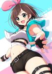  1girl :d a.i._channel armpit_peek bangs belt_buckle black_belt black_gloves black_shorts blue_jacket blush breasts brown_hair buckle character_name commentary_request cropped_jacket eyebrows_visible_through_hair fingerless_gloves gloves green_eyes hair_between_eyes hair_ribbon jacket kizuna_ai looking_at_viewer matokechi multicolored_hair navel open_clothes open_jacket open_mouth pink_hair pink_ribbon ribbon round_teeth shirt short_shorts short_sleeves shorts small_breasts smile solo streaked_hair teeth upper_teeth virtual_youtuber white_shirt 
