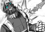  1boy blue_eyes dagger fate/grand_order fate_(series) male_focus mask monochrome sakazuki_sudama sigurd_(fate/grand_order) solo spikes spot_color upper_body weapon 