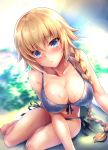  1girl alternate_costume bare_arms bare_legs bare_shoulders bikini blonde_hair blue_bikini blue_eyes blurry blurry_background blush braid breasts cleavage collarbone commentary_request eyebrows_visible_through_hair fate/grand_order fate_(series) front-tie_top halterneck highres jeanne_d&#039;arc_(fate) jeanne_d&#039;arc_(fate)_(all) large_breasts lips long_braid long_hair looking_at_viewer navel parted_lips samoore side-tie_bikini single_braid sitting swimsuit thighs very_long_hair 