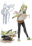  1girl bangs black_legwear bow bowtie bug character_sheet collared_shirt evolvingmonkey eyebrows_visible_through_hair from_behind full_body grasshopper green_hair grey_eyes hand_on_hip highres insect insect_girl insect_wings leggings multiple_views open_mouth original school_uniform shirt shoes sketch sneakers squatting standing sweater upper_teeth white_shirt wings 