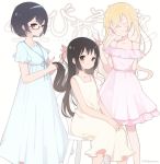  3girls ^_^ asobi_asobase bare_shoulders black_hair blonde_hair blue_eyes breasts brown_eyes captain_yue chair closed_eyes closed_eyes dress eyebrows_visible_through_hair eyelashes frilled_skirt frills glasses gown hair_between_eyes hairband honda_hanako logo long_hair looking_at_viewer medium_breasts multiple_girls nomura_kasumi olivia_(asobi_asobase) ribbon short_hair short_sleeves sitting skirt smile standing twitter_username v very_long_hair wavy_hair 