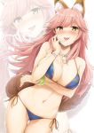  1girl akita_hika animal_ears bangs bare_shoulders bikini blue_bikini blush bracelet breast_hold breasts cleavage collarbone commentary_request eyebrows_visible_through_hair fate/extra fate/grand_order fate_(series) fox_ears fox_tail hand_on_own_cheek highres hips jewelry large_breasts long_hair looking_at_viewer navel necklace open_mouth pink_hair side-tie_bikini sidelocks simple_background smile solo swept_bangs swimsuit tail tamamo_(fate)_(all) tamamo_no_mae_(swimsuit_lancer)_(fate) thighs tongue tongue_out waist wet white_background yellow_eyes 
