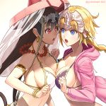  2girls armlet bangs bare_shoulders bead_necklace beads bikini bikini_top blonde_hair blue_eyes bracelet braid breast_press breasts brown_hair cleavage collarbone earrings eyebrows_visible_through_hair fate/apocrypha fate/grand_order fate_(series) hair_between_eyes headpiece hood hoodie hoop_earrings ichimegasa jacket jeanne_d&#039;arc_(fate) jeanne_d&#039;arc_(fate)_(all) jewelry large_breasts long_braid long_hair looking_at_another multiple_girls necklace open_clothes open_jacket open_mouth pink_jacket prayer_beads purple_bikini red_eyes simple_background single_braid swimsuit symmetrical_docking veil white_background white_bikini xuanzang_(fate/grand_order) yonezawa_mao 