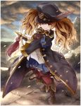  1girl bangs blonde_hair boots coat feathers granblue_fantasy hat long_hair long_sleeves monica_weisswind peaked_cap pleated_skirt skirt smile solo sword thigh-highs tobi_(nekomata_homara) twintails weapon 