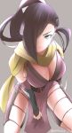  1girl arm_blade arm_guards between_legs black_hair breasts cleavage fire_emblem fire_emblem_if grey_background hair_over_one_eye hand_between_legs highres japanese_clothes kagerou_(fire_emblem_if) kneeling large_breasts long_hair looking_at_viewer ninja pelvic_curtain ponytail scarf simple_background sketchy solo twitter_username weapon yellow_eyes 