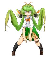  1girl antenna_hair antennae bangs black_eyes black_legwear bow bowtie clothes_around_waist collared_shirt commentary evolvingmonkey full_body green_hair highres insect_girl kneehighs leaning_forward legs_apart looking_at_viewer loose_bowtie original pleated_skirt praying_mantis school_uniform sharp_teeth shirt shoes short_hair simple_background skirt smirk solo sweater_around_waist teeth white_background white_shirt 