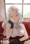  1girl black_gloves breasts carmilla_(fate/grand_order) commentary_request cup fate/grand_order fate_(series) gloves head_rest head_tilt highres jewelry large_breasts long_hair looking_at_viewer necklace saucer silver_hair sleeveless smile solo spoon table window yellow_eyes yumeha_tseru 