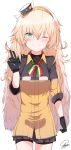  1girl bike_shorts blonde_hair commentary cowboy_shot girls_frontline gloves green_eyes hairband highres long_hair looking_at_viewer one_eye_closed pleated_skirt s.a.t.8_(girls_frontline) shorts shorts_under_skirt signature simple_background skirt sleeves_rolled_up smile solo tosyeo v very_long_hair white_background 