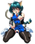  1girl animal_ears aqua_eyes black_legwear blue_eyes blush braid bridal_gauntlets cat_ears cat_tail eyeball_(artist) fangs full_body gluteal_fold hyper_police long_hair looking_at_viewer low-tied_long_hair necktie one_eye_closed open_mouth panties sasahara_natsuki_(hyper_police) side_slit simple_background sitting skirt skirt_lift solo tail thigh-highs underwear wariza white_background white_footwear white_panties wings wrist_cuffs 