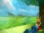  1boy 1girl armor blackball blonde_hair bow brown_hair commentary commentary_request dress field green_bow hug hug_from_behind red_dress resting rockman rockman_(character) roll scenery tree 