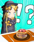  !? 1girl abigail_williams_(fate/grand_order) absurdres bangs black_bow black_dress black_hat blonde_hair blue_eyes blueberry blush bow cherry commentary_request dress emphasis_lines fate/grand_order fate_(series) food forehead fork fruit hair_bow hat highres knife long_hair long_sleeves looking_away open_mouth orange_bow pancake parted_bangs plate polka_dot polka_dot_bow sanbe_futoshi sidelocks solo stack_of_pancakes strawberry very_long_hair wide-eyed 