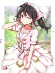  1girl bangs birthday black_hair breasts cherry_blossoms commentary dress highres long_hair looking_at_viewer love_live! love_live!_sunshine!! one_eye_closed petals pink_dress red_eyes senguyen1011 short_sleeves small_breasts solo twintails yazawa_nico 
