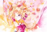  1girl arms_behind_head arms_up blonde_hair breasts cape closed_mouth detached_sleeves earrings final_fantasy final_fantasy_vi frown hair_intakes jewelry long_hair ponytail rrrpct small_breasts solo tina_branford traditional_media upper_body violet_eyes watercolor_(medium) wavy_hair yellow_cape 