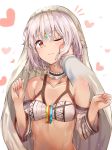  1girl altera_(fate) bangs blush bustier closed_mouth collar collarbone dark_skin detached_sleeves disembodied_limb eyebrows_visible_through_hair fate/extra fate/grand_order fate_(series) forehead_jewel full_body_tattoo hand_on_another&#039;s_cheek hand_on_another&#039;s_face heart highres looking_at_viewer one_eye_closed red_eyes short_hair solo_focus sunhyun tattoo veil white_hair 
