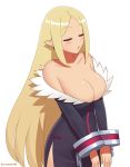  1girl bangs bare_shoulders black_dress blonde_hair breasts character_request cleavage closed_eyes commentary_request cuffs disgaea dress eyebrows_visible_through_hair from_side healer_(disgaea) huge_breasts kuroonehalf long_hair long_sleeves makai_senki_disgaea off_shoulder parted_bangs parted_lips pointy_ears signature simple_background solo standing very_long_hair white_background 