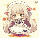  1girl animal_ears blonde_hair chibi commentary_request dress full_body green_eyes hat long_hair muuran sheep sheep_ears sheep_girl solo standing translated white_dress 