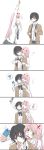 1boy 1girl ? bangs beige_blazer black_hair blazer blue_eyes blush bow cellphone closed_eyes collared_shirt comic commentary_request couple darling_in_the_franxx eyebrows_visible_through_hair face-to-face facing_another finger_to_mouth forehead-to-forehead green_eyes hair_ornament hairband heart hetero highres hiro_(darling_in_the_franxx) holding holding_cellphone holding_phone horns hug hug_from_behind jacket long_hair long_image looking_at_another necktie oni_horns open_clothes open_shirt phone pink_hair red_horns sakuragouti school_uniform shirt short_hair speech_bubble striped_neckwear sweat tall_image white_hairband white_shirt wing_collar zero_two_(darling_in_the_franxx) 
