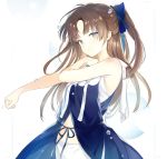  1girl bare_shoulders blue_bow blue_dress blue_eyes bow brown_hair dress eyebrows_visible_through_hair hair_bow looking_at_viewer lpip original ponytail simple_background sleeveless sleeveless_dress solo upper_body white_background 