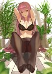  1girl armpits arms_up black_bra black_legwear black_panties blurry blurry_foreground bra breasts cleavage crotch_seam depth_of_field eyebrows_visible_through_hair fate/grand_order fate_(series) foreshortening highres indoors large_breasts long_hair looking_at_viewer navel panties panties_under_pantyhose pantyhose parted_lips plant purple_hair red_eyes scathach_(fate/grand_order) sidelocks sitting solo throtem toes underwear underwear_only very_long_hair 