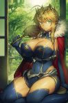  1girl ahoge artoria_pendragon_(all) artoria_pendragon_(lancer) bangs blue_legwear blurry braid breasts cape cleavage cleavage_cutout closed_mouth collarbone colored_eyelashes commentary_request covered_navel crown depth_of_field eyebrows_visible_through_hair fan fate/grand_order fate_(series) french_braid fur-trimmed_cape fur_trim gauntlets green_eyes hair_between_eyes impossible_clothes indoors large_breasts long_hair looking_at_viewer melon22 open_door red_cape sidelocks sitting sliding_doors smile solo swept_bangs thighs yamoge 