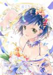  1girl :d blue_hair bouquet bracelet breasts choker cleavage collarbone darling_in_the_franxx dress floating_hair flower green_eyes hair_ornament hairclip head_wreath highres holding holding_bouquet ichigo_(darling_in_the_franxx) jessie6533 jewelry open_mouth pink_flower short_hair sleeveless sleeveless_dress small_breasts smile solo upper_body white_dress 