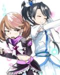  2girls alternate_costume black_gloves black_hair brown_eyes brown_hair choker clenched_hands closed_eyes commentary_request cosplay elbow_gloves fingerless_gloves gloves hair_ornament houshou_(kantai_collection) kantai_collection long_hair magical_girl multiple_girls ponytail ryuujou_(kantai_collection) smile twintails uni_(uni-strain) white_gloves 