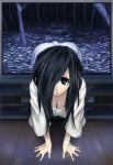  1girl :o ajino_(sakanahen) all_fours black_eyes black_hair commentary_request downblouse hair_over_one_eye long_hair looking_at_viewer solo television the_ring through_screen well wooden_floor yamamura_sadako 