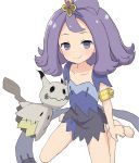  1girl acerola_(pokemon) armlet closed_mouth commentary_request dress elite_four flipped_hair gen_7_pokemon hair_ornament highres mimikyu multicolored multicolored_clothes multicolored_dress pokemon pokemon_(anime) pokemon_(creature) pokemon_sm_(anime) purple_hair short_hair simple_background smile solo stitches trial_captain violet_eyes white_background yakihebi 