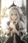  1girl absurdres black_bow blue_flower blurry blurry_background blush bouquet bow crying crying_with_eyes_open dress floating_hair flower frills grey_eyes highres holding holding_bouquet lolita_fashion long_hair looking_at_viewer open_mouth original silver_hair solo standing suisen-21 tears 