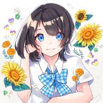  1girl black_hair blue_bow blue_eyes blue_neckwear blush bow flower highres looking_at_viewer marigold medium_hair original pansy school_uniform smile solanikieru solo upper_body 