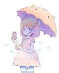  1girl ayu_(mog) bangs blonde_hair blue_eyes blush bow dress eyebrows_visible_through_hair hair_bow holding holding_umbrella looking_at_viewer no_humans octopus original pantyhose parted_lips short_hair short_sleeves signature simple_background solo standing striped striped_legwear umbrella white_background white_bow yellow_dress 