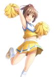  1girl :d arm_up armpits bare_shoulders blush bow breasts brown_hair buruma cheerleader crotch_seam gluteal_fold hair_bow high_ponytail highres leg_up looking_at_viewer midriff open_mouth original pleated_skirt ponytail red_eyes shibacha shirt shoes sidelocks simple_background skirt sleeveless sleeveless_shirt small_breasts smile sneakers socks solo standing standing_on_one_leg 