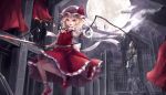 dress fangs flandre_scarlet floating hat highres holding holding_sword holding_weapon looking_at_viewer mob_cap moon moose_(moosu193) night night_sky reaching_out red_dress red_eyes ruins short_hair sky sword touhou weapon wings 