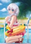  1girl bikini bird blue_eyes duck floater highres honkai_impact pool purple_hair swimsuit theresa_apocalypse 