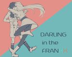  1boy 1girl bangs boots commentary_request couple darling_in_the_franxx face-to-face facing_another forehead-to-forehead hair_ornament hairband hetero hiro_(darling_in_the_franxx) horns kiss long_hair long_sleeves looking_at_another military military_uniform monochrome necktie oni_horns pantyhose shoes short_hair socks uniform urii_(uri) zero_two_(darling_in_the_franxx) 