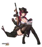 1girl bangs black_coat black_footwear black_hat black_neckwear blush boots bow bowtie bra breasts brown_legwear bullet cat cleavage closed_mouth cross-laced_footwear goddess_kiss gun hat highres holding holding_gun holding_weapon invisible_chair knees_together_feet_apart large_breasts milyu orange_eyes petting pouch red_bra redhead short_hair simple_background sitting solo submachine_gun thigh-highs thompson_submachine_gun trigger_discipline underwear weapon white_background 