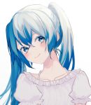  1girl bangs blue_eyes blue_hair blush closed_mouth hair_between_eyes hatsune_miku head_tilt highres looking_at_viewer p2_(uxjzz) puffy_short_sleeves puffy_sleeves short_sleeves simple_background smile solo twintails upper_body vocaloid white_background 