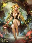  1girl artist_name barefoot blonde_hair blue_eyes breasts center_opening cleavage copyright_name facial_mark flower forehead_mark hair_flower hair_ornament highres jewelry leaf legend_of_the_cryptids long_hair necklace official_art petals pointy_ears sitting solo tree water zinnadu 
