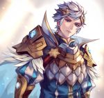  1boy aokamei armor belt closed_mouth commentary english_commentary feathers fire_emblem hair_ornament highres hrid_(fire_emblem_heroes) multicolored_hair puffy_sleeves silver_hair standing 