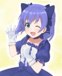  1girl blue_eyes blue_hair choker collarbone dress frilled_dress frilled_gloves frilled_sleeves frills gloves hair_ribbon nijisanji puffy_short_sleeves puffy_sleeves ribbon roudou_zero short_hair short_sleeves tagme twintails virtual_youtuber waving white_gloves yuuki_chihiro 