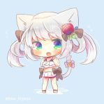  1girl :o animal_ears azur_lane bell black_bow blue_background blue_eyes blush bow cat_ears cat_girl cat_tail chibi commentary_request fang flower flying_sweatdrops full_body green_eyes hair_bow hair_flower hair_ornament hair_rings hammann_(azur_lane) hands_up jingle_bell kouu_hiyoyo long_hair multicolored multicolored_eyes open_mouth pink_bow pleated_skirt red_bikini_top red_flower red_rose rose silver_hair skirt solo standing sweat tail tail_bell tail_bow tail_raised twintails twitter_username white_skirt 