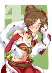  1girl bangs bell bell_choker blush brown_hair choker commentary_request cosplay cowboy_shot dancer elbow_gloves embarrassed eyebrows_visible_through_hair feather_boa flower flying_sweatdrops fur_trim gloves green_background hair_bun hair_flower hair_ornament hibiscus idolmaster idolmaster_cinderella_girls long_hair looking_away midriff natalia_(idolmaster) natalia_(idolmaster)_(cosplay) navel nontraditional_santa pom_pom_earrings red_gloves red_legwear red_skirt santa_costume simple_background skirt solo takamori_aiko tearing_up thigh-highs updo wavy_mouth yellow_eyes youhei_(testament) 