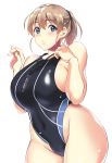  1girl alternate_costume bare_shoulders blue_eyes blush breasts brown_hair chestnut_mouth competition_swimsuit covered_navel cowboy_shot hair_between_eyes highleg highleg_swimsuit huge_breasts intrepid_(kantai_collection) kantai_collection kyougoku_shin lips long_hair looking_at_viewer navel one-piece_swimsuit open_mouth ponytail short_hair simple_background skindentation solo swimsuit thick_thighs thighs wide_hips 