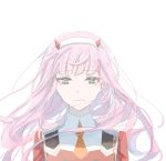  1girl blue_eyes darling_in_the_franxx eyebrows_visible_through_hair floating_hair hairband highres horns long_hair looking_at_viewer necktie orange_neckwear pink_hair short_necktie simple_background smile solo tsubame_airs upper_body very_long_hair white_background white_hairband zero_two_(darling_in_the_franxx) 