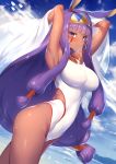  1girl animal_ears armpits arms_up beach blue_sky blush breasts contrapposto covered_navel cowboy_shot dark_skin day dutch_angle earrings eyebrows_visible_through_hair facial_mark fate/grand_order fate_(series) hairband highres hoop_earrings impossible_clothes impossible_swimsuit jewelry large_breasts long_hair looking_at_viewer low-tied_long_hair m-da_s-tarou medjed necklace nitocris_(fate/grand_order) nitocris_(swimsuit_assassin)_(fate) one-piece_swimsuit outdoors purple_hair sidelocks sky smile solo sweat swimsuit very_long_hair violet_eyes white_swimsuit 