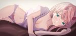  1girl absurdres bed_sheet blue_eyes bow bow_panties breasts cleavage collarbone darling_in_the_franxx eyebrows_visible_through_hair finn_flint highres horns long_hair looking_at_viewer lying midriff navel on_side panties pink_hair purple_panties purple_shirt red_bow shirt short_sleeves small_breasts solo stomach underwear zero_two_(darling_in_the_franxx) 
