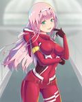  1girl :d bangs black_gloves bodysuit breasts breasts_apart covered_navel cowboy_shot darling_in_the_franxx eyebrows_visible_through_hair floating_hair gloves green_eyes hairband highres horns kaptivate long_hair medium_breasts open_mouth pilot_suit pink_hair red_bodysuit shiny shiny_clothes shiny_hair smile solo standing white_hairband zero_two_(darling_in_the_franxx) 